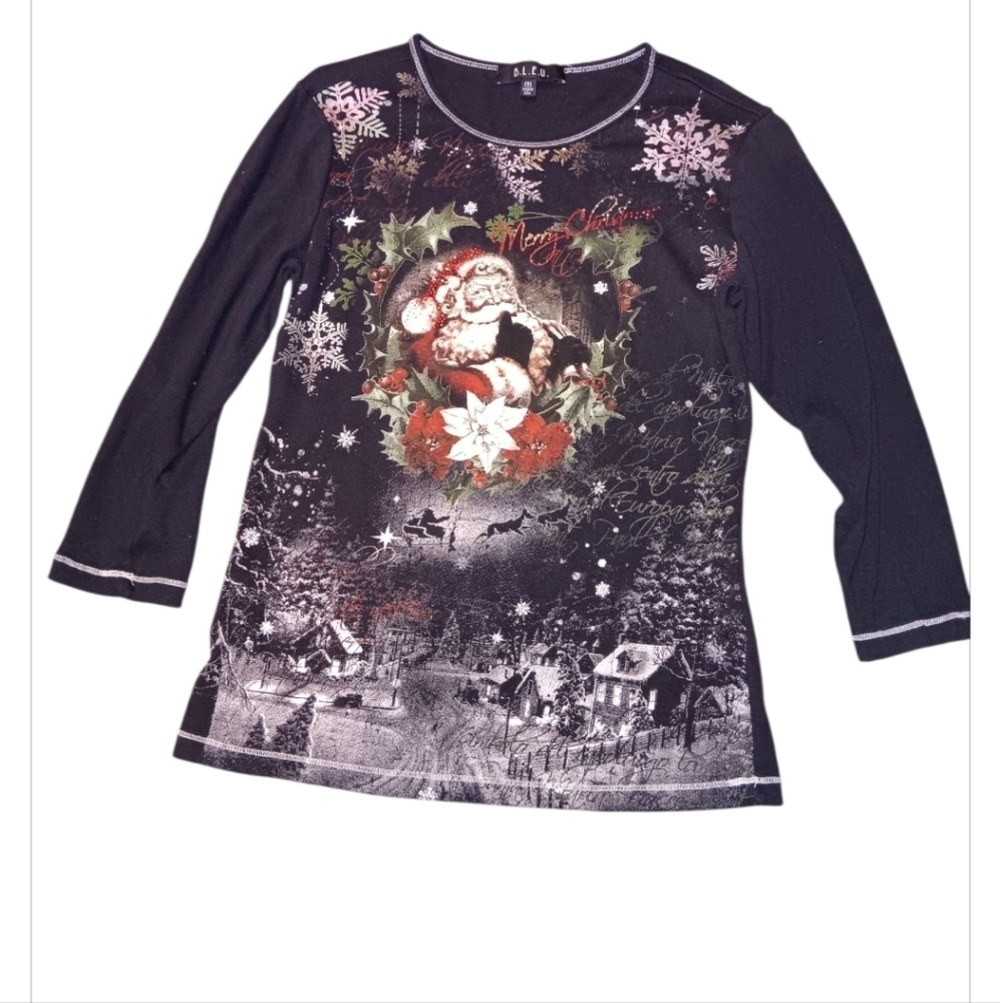 Y2l K B.L.E.U. Black Santa Christmas Long Sleeve Tee Sz M